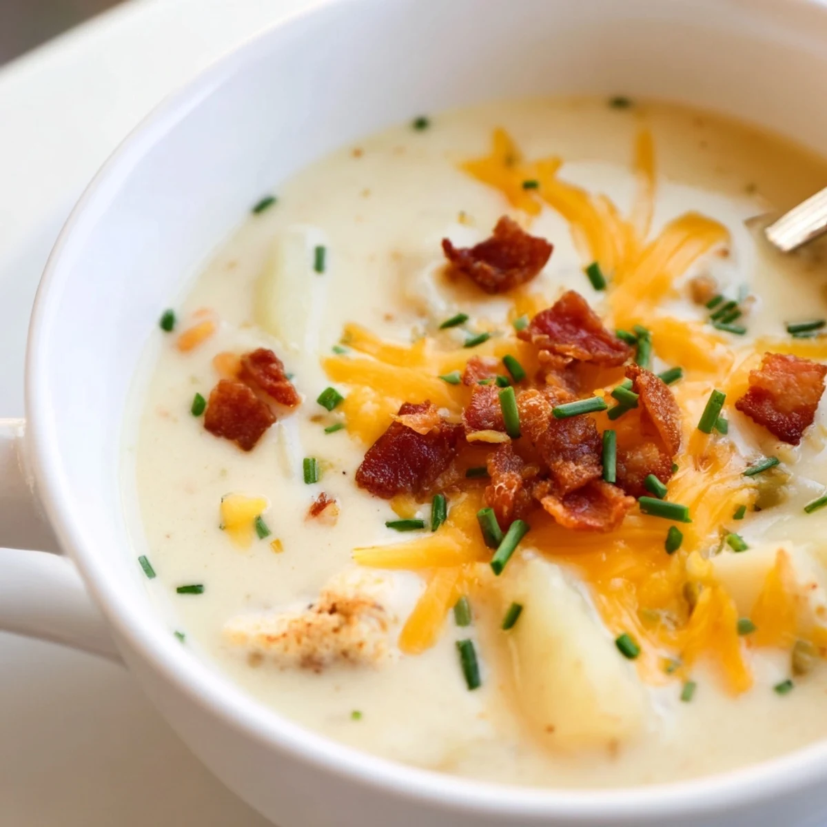 A steaming bowl of creamy potato soup with cheese, topped with crispy halal turkey bacon and fresh chives.