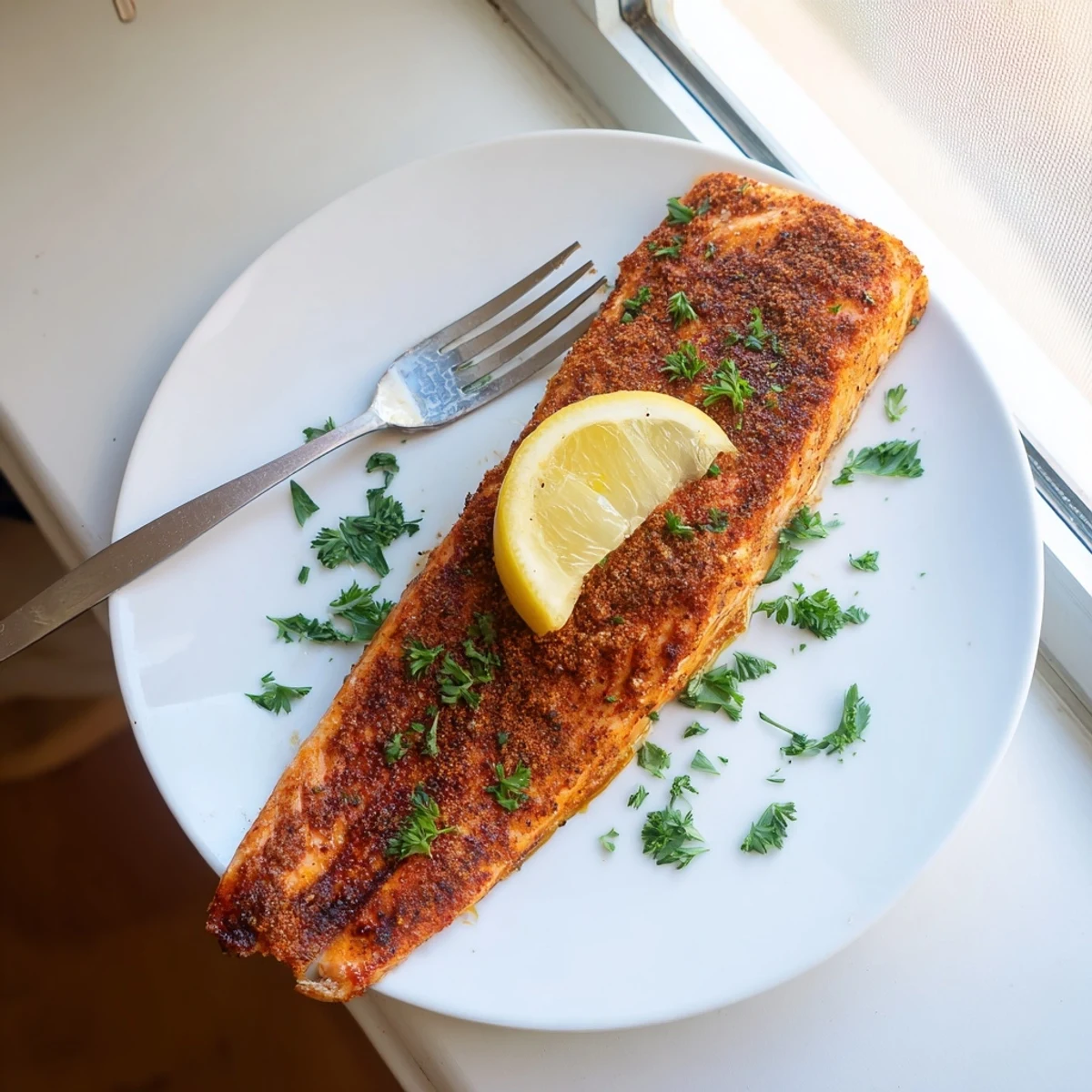 Perfectly baked Cajun salmon fillets garnished with fresh parsley, ready to serve with roasted vegetables for a quick, flavorful dinner.