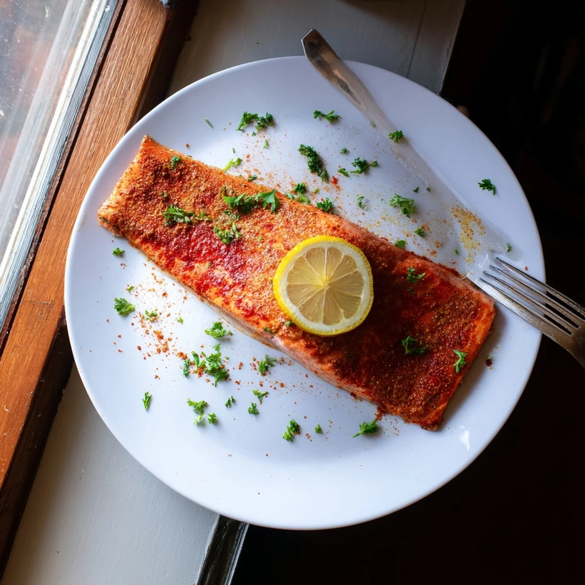 Golden-brown Cajun baked salmon on a baking sheet, showcasing its aromatic spices and tender, flaky interior for an easy weeknight meal.