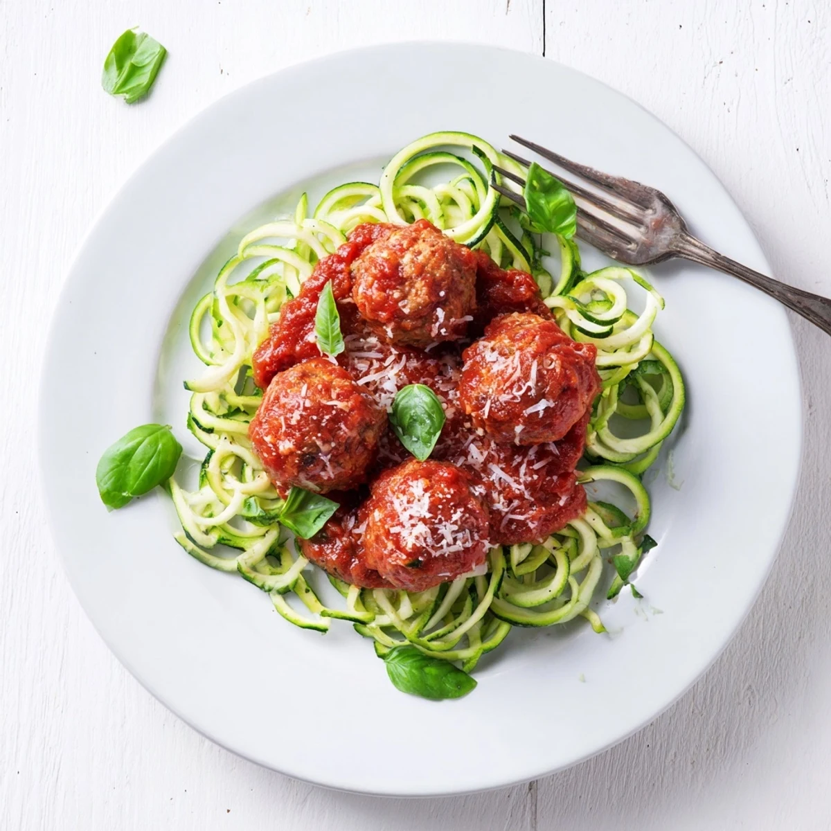 Golden-brown turkey meatballs nestled on a bed of fresh, vibrant zucchini noodles, ready to be served.