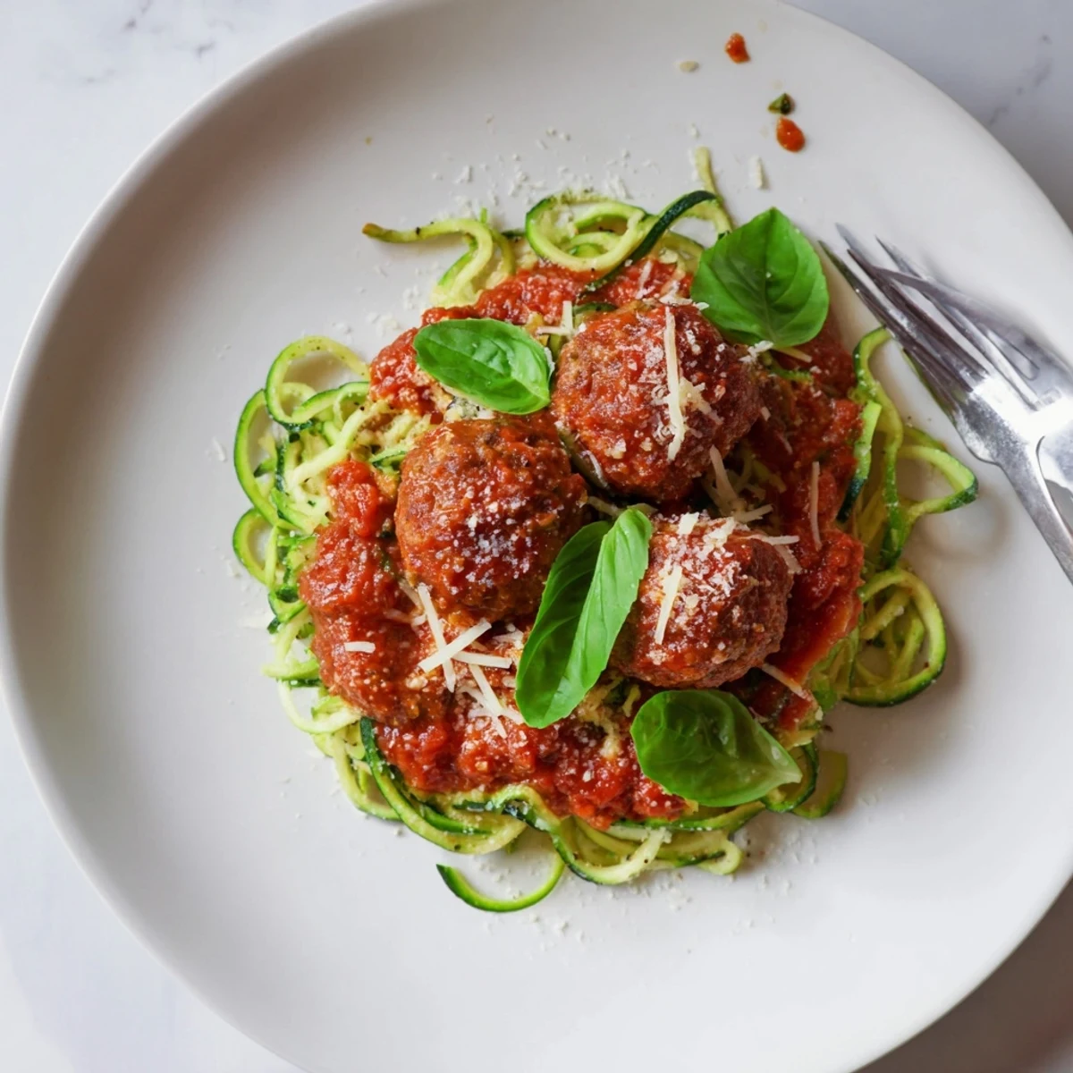 Golden-brown turkey meatballs topped with marinara sauce and fresh basil on a bed of zucchini noodles.