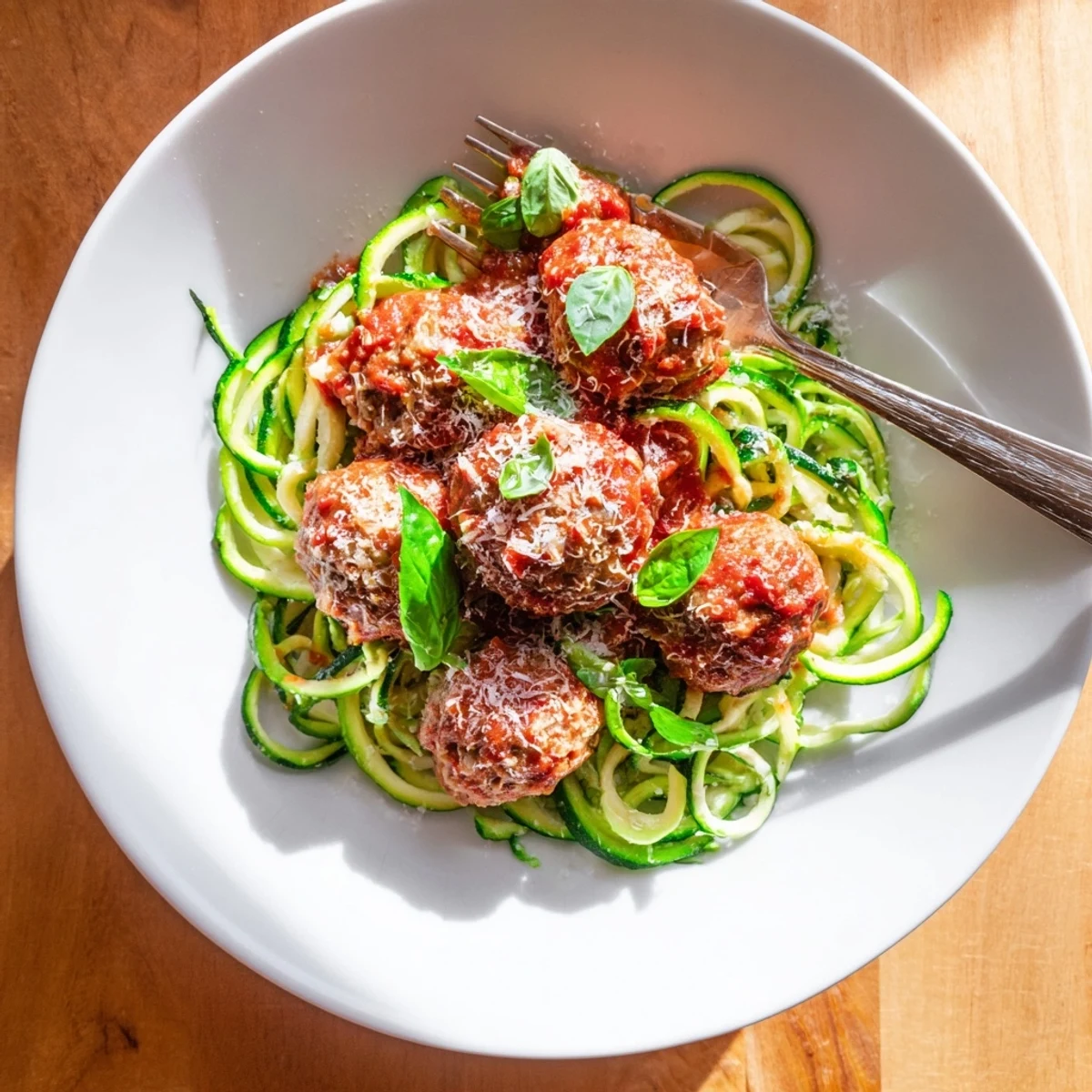 A close-up of tender turkey meatballs with zucchini noodles, showcasing a colorful and healthy low-carb meal.