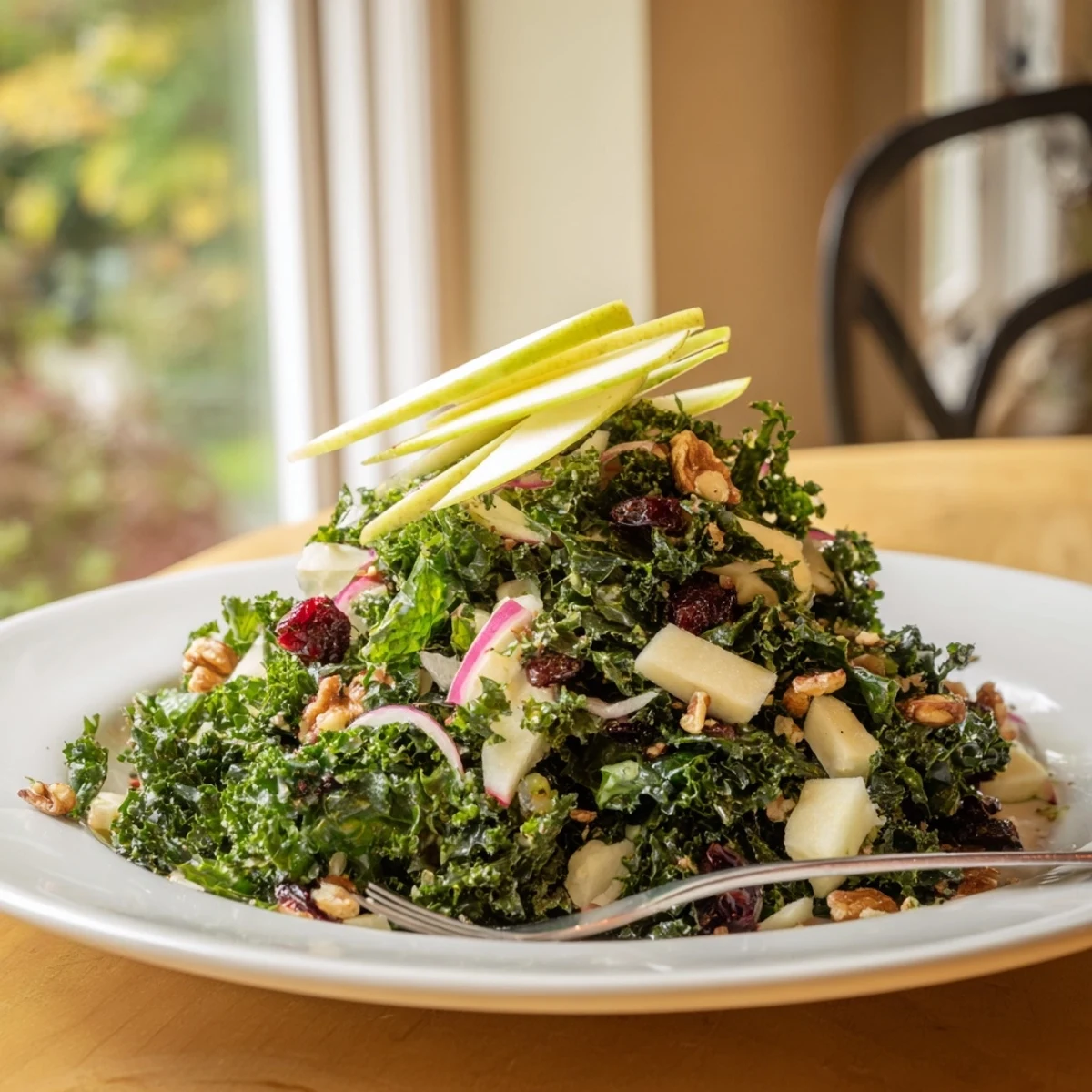 A vibrant bowl of Winter Kale Salad with Apple and Cheddar, featuring massaged kale leaves, crisp apple slices, and sharp cheddar cubes.