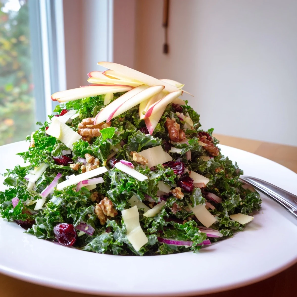 Freshly tossed Winter Kale Salad with Apple and Cheddar, showcasing colorful ingredients and a drizzle of tangy dressing, ready to serve.
