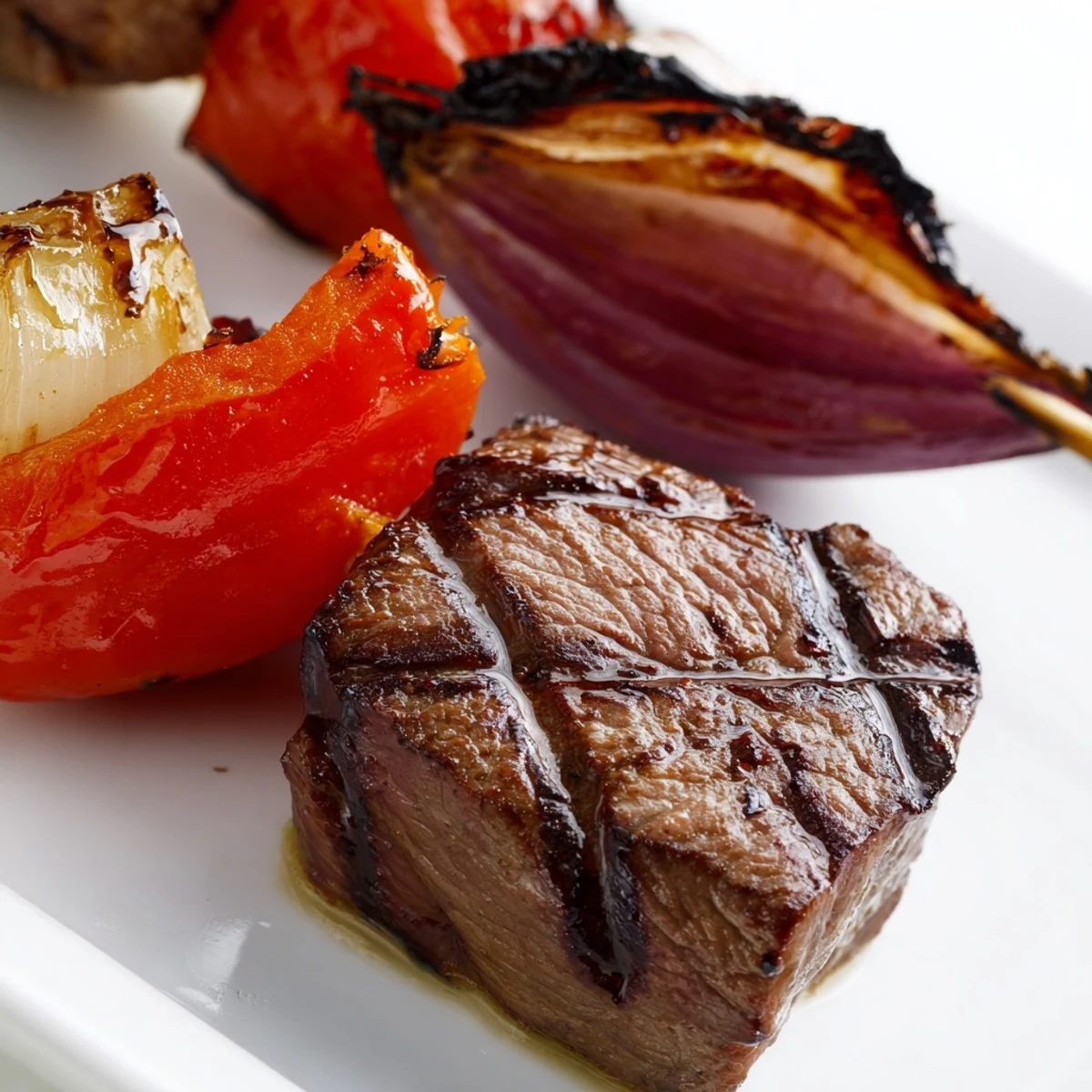 Golden-brown grilled Beef Kebabs with Peppers and Onions arranged on a rustic wooden platter, garnished with fresh parsley and served alongside fluffy rice pilaf for a complete family barbecue meal.