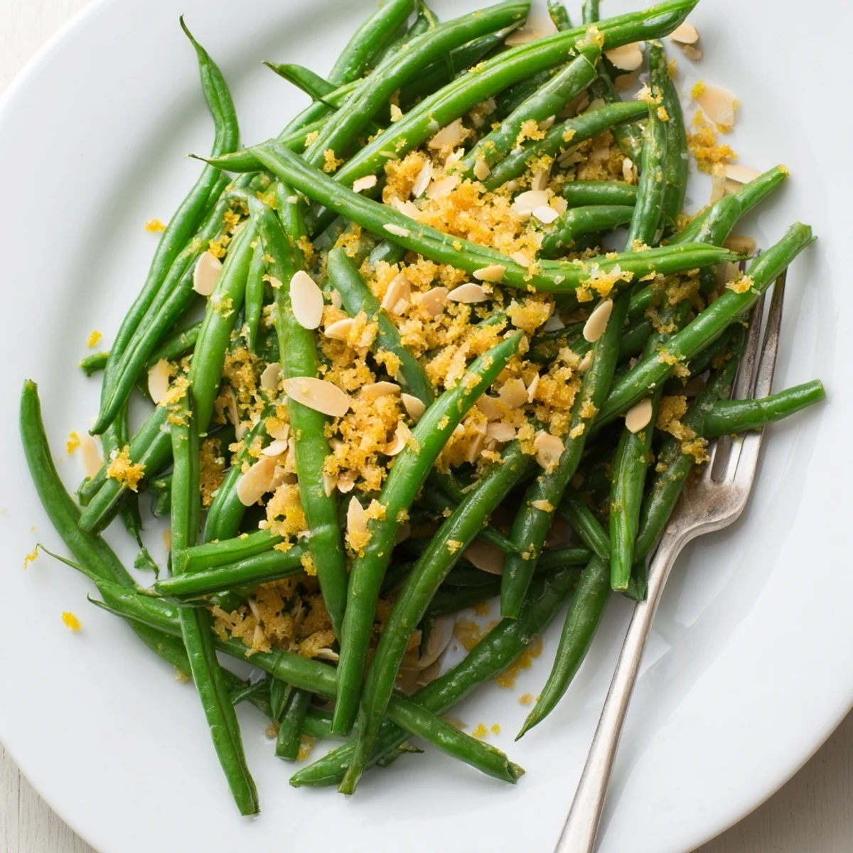 Tender green beans tossed with garlic, fresh lemon, and crunchy almonds in a quick, savory skillet recipe.