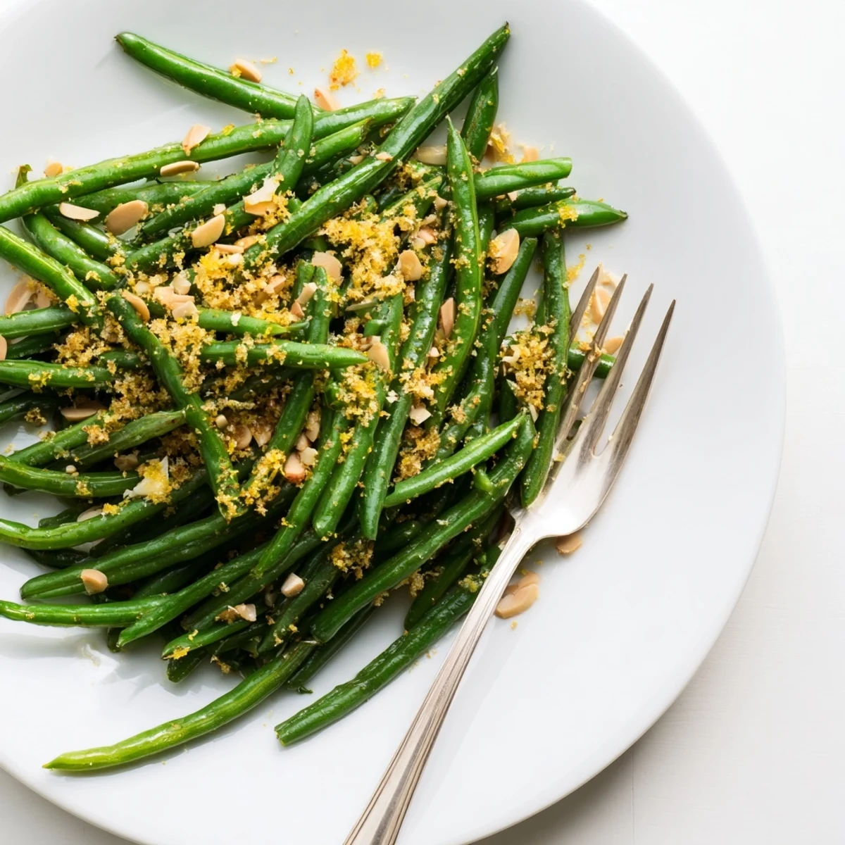 Bright green beans sautéed with garlic, lemon zest, and toasted almonds for a vibrant, flavorful side dish.