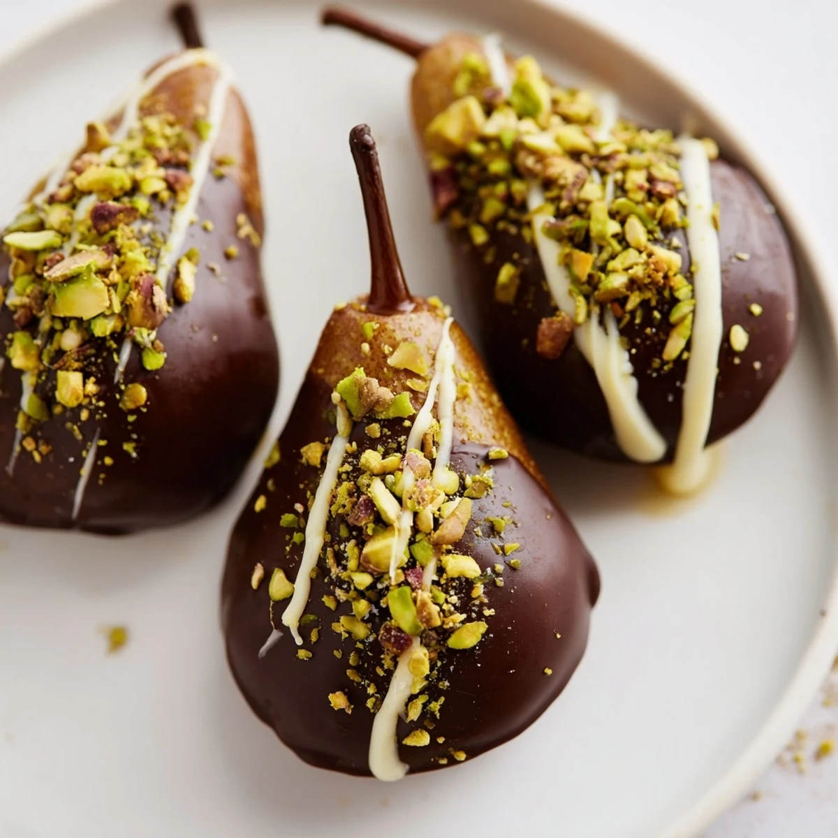 Festive Romantic Chocolate Covered Pears are halved and dipped in dark chocolate, ready to serve with a glass of Champagne.