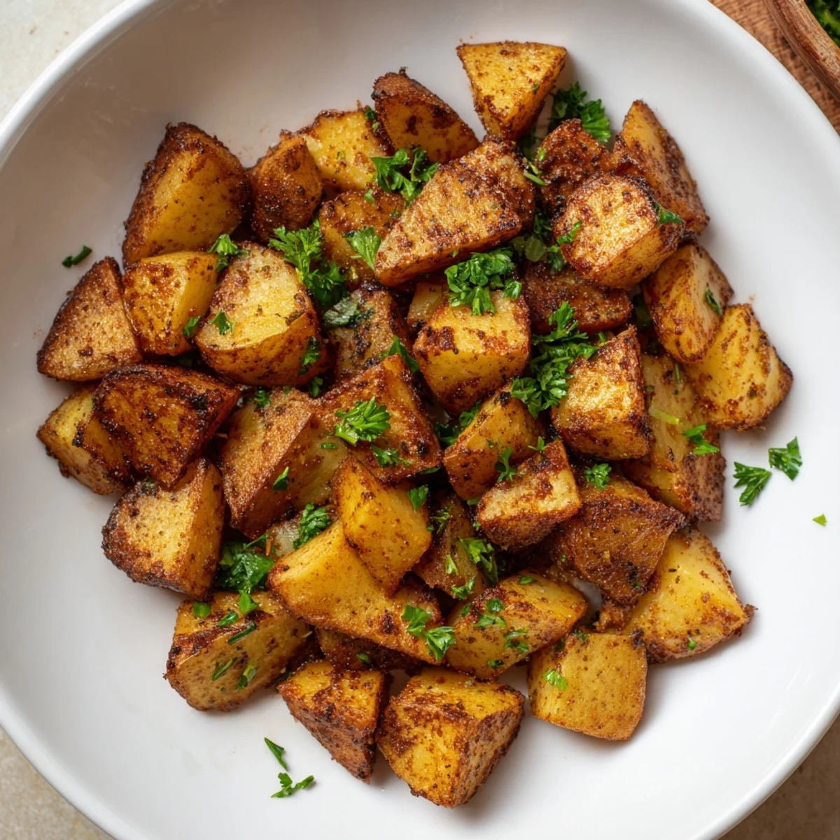 Golden, crispy Cajun Spiced Roasted Potatoes piled high on a rustic plate, garnished with fresh parsley and lemon wedges for a zesty finish.