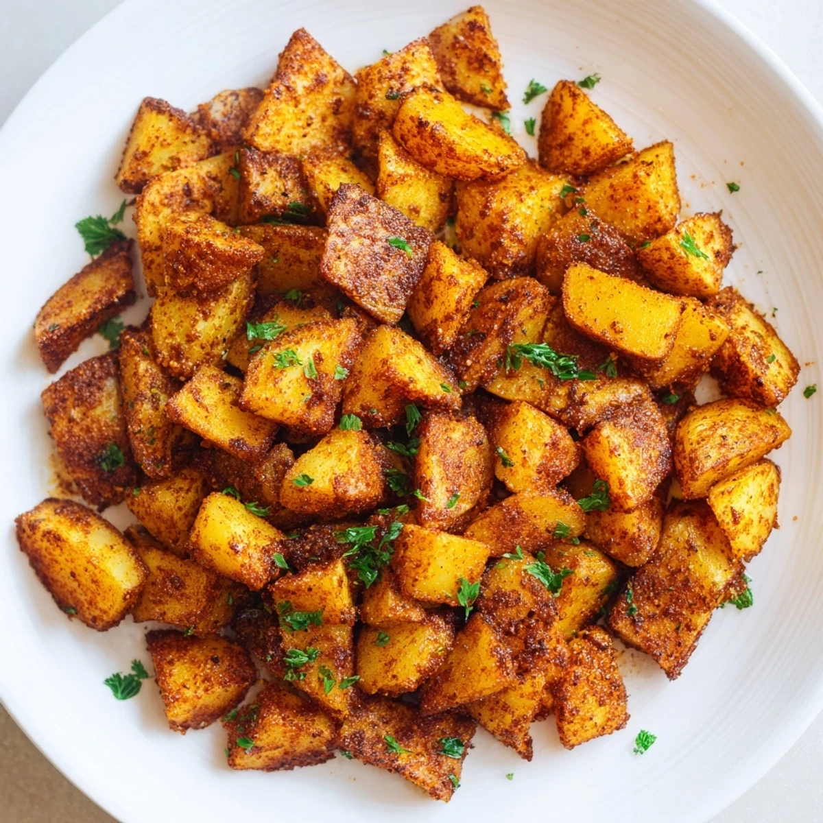 A close-up view of Cajun Spiced Roasted Potatoes, highlighting their savory crust and vibrant Cajun seasoning on the baking sheet.