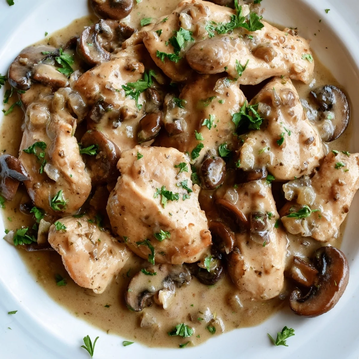 Golden-brown, tender chicken breasts smothered in a creamy mushroom sauce, prepared as Date Night Chicken Marsala, served over fettuccine pasta with fresh parsley garnish.