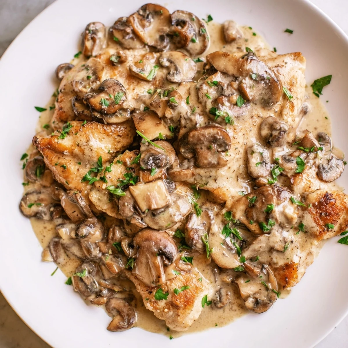 Freshly sliced cremini mushrooms and minced garlic sautéed in butter and olive oil create a rich, savory gravy for this Date Night Chicken Marsala dish.
