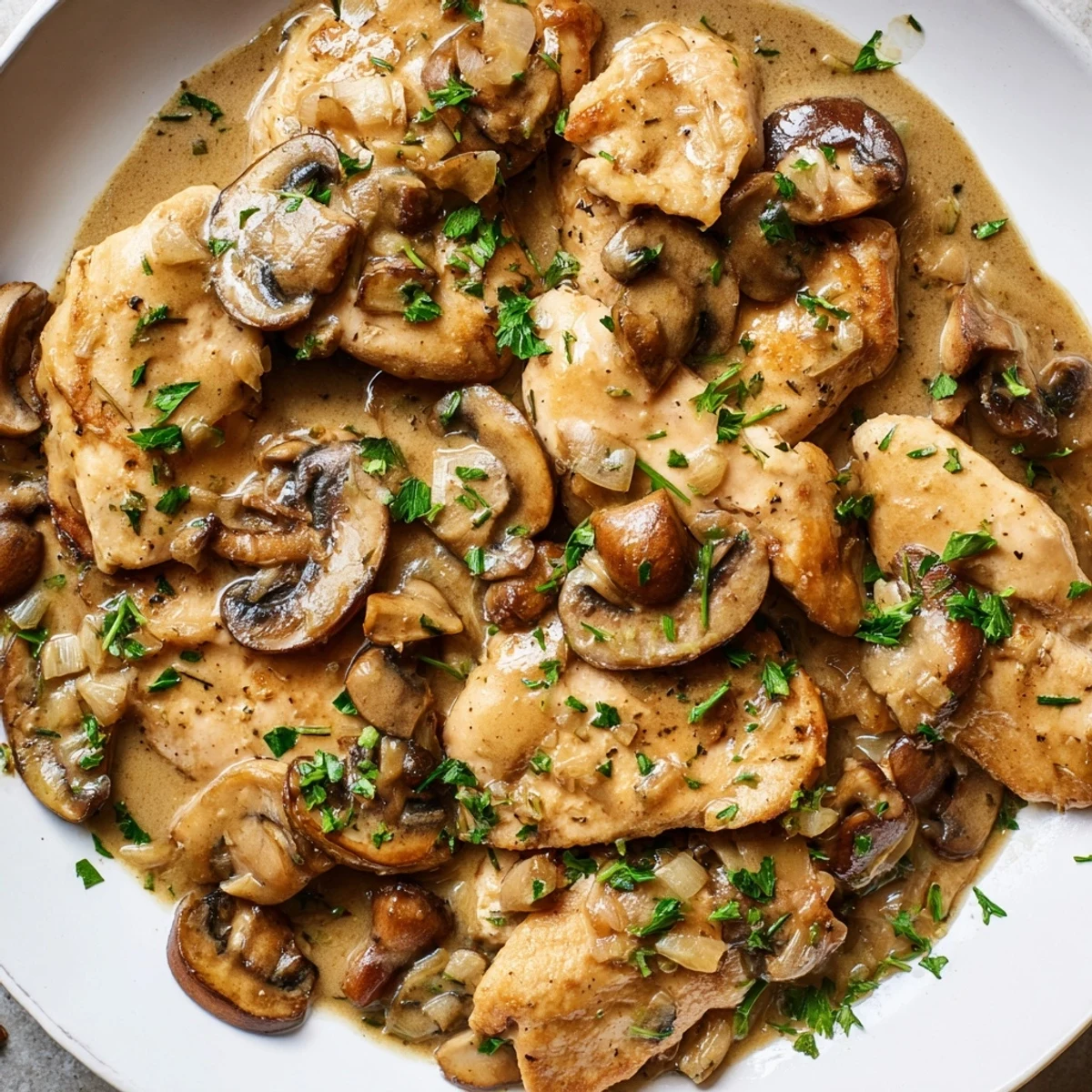 Juicy pan-seared chicken cutlets coated in flour, bathed in a non-alcoholic creamy Marsala-style sauce, perfect for a romantic home-cooked meal for two.