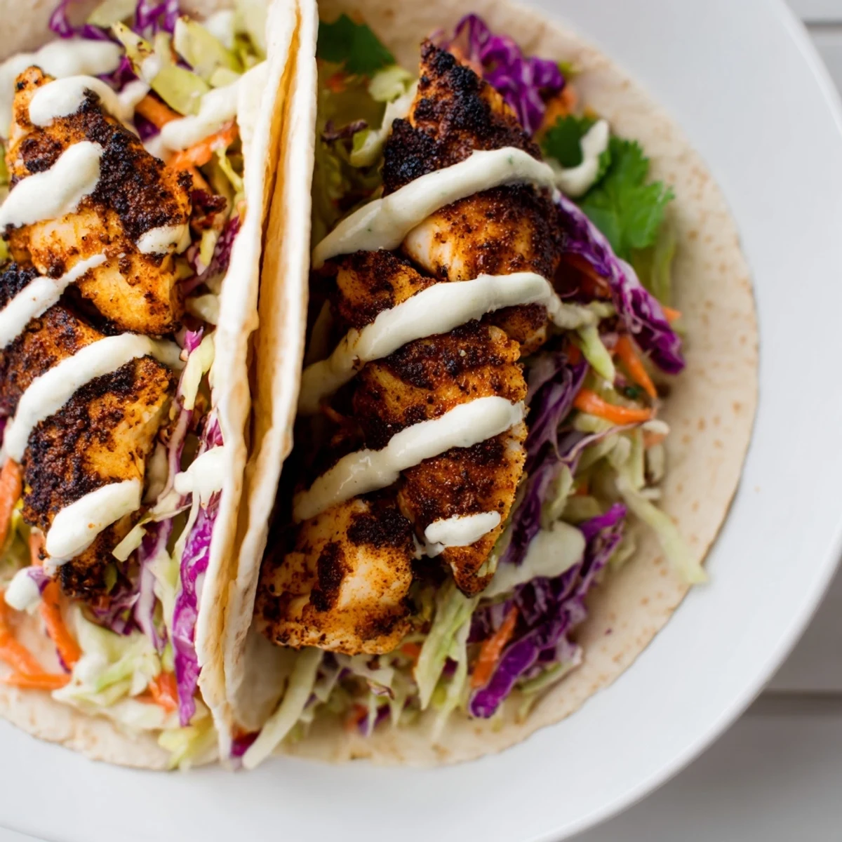 Golden-brown, spice-rubbed fillets flake easily, nestled in warm tortillas with crunchy slaw and creamy drizzle in this Louisiana Blackened Fish Tacos recipe.