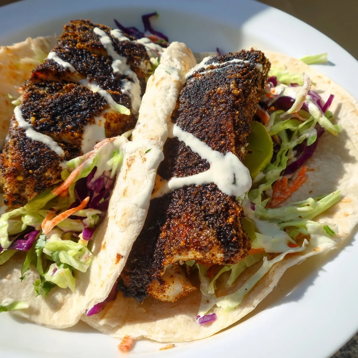 Bright, zesty lime wedges garnish the plate of these Louisiana Blackened Fish Tacos, served beside a bowl of cooling slaw.