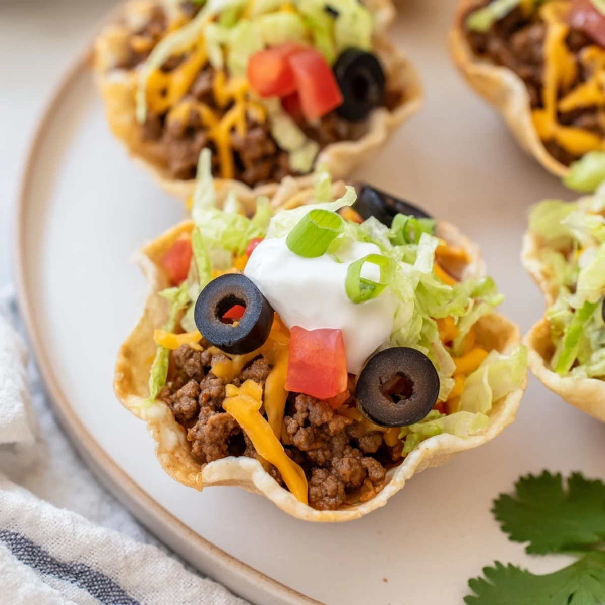 A close-up of a golden-brown Touchdown Taco Cup showcases the juicy beef filling, melted cheese, and vibrant toppings on a textured plate.