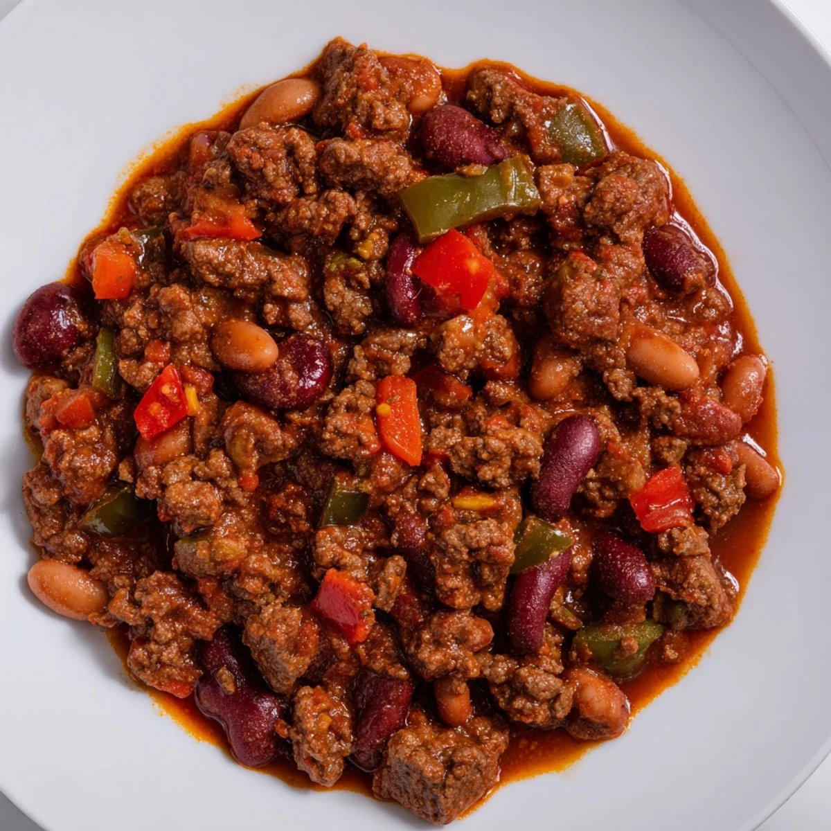 A steaming bowl of Championship Spicy Beef Chili, filled with tender beef chunks, kidney beans, and red and green peppers in a rich, thick sauce.