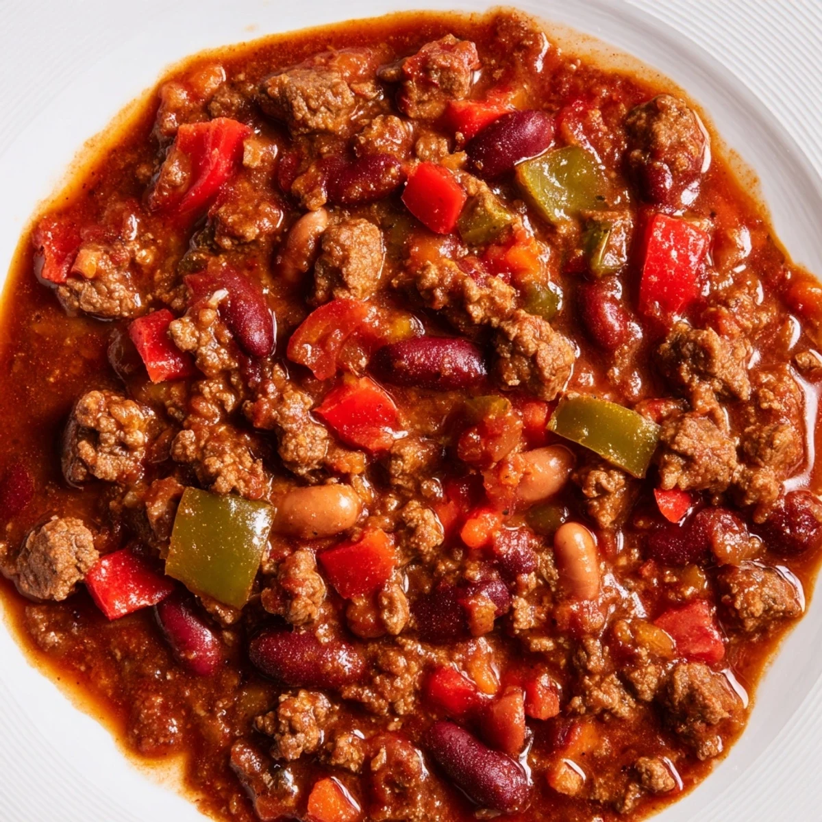 Close-up view of Championship Spicy Beef Chili, showcasing the deep red color, hearty beans, and savory beef pieces ready to be served.