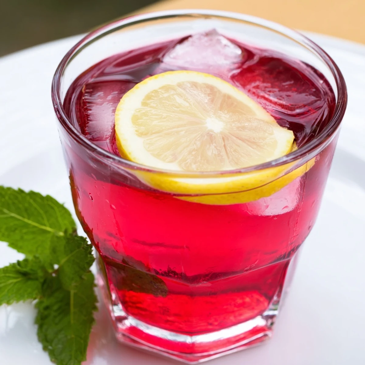 A chilled glass of Pink Hibiscus Iced Tea, filled with ice cubes and garnished with fresh lemon slices and a sprig of mint.