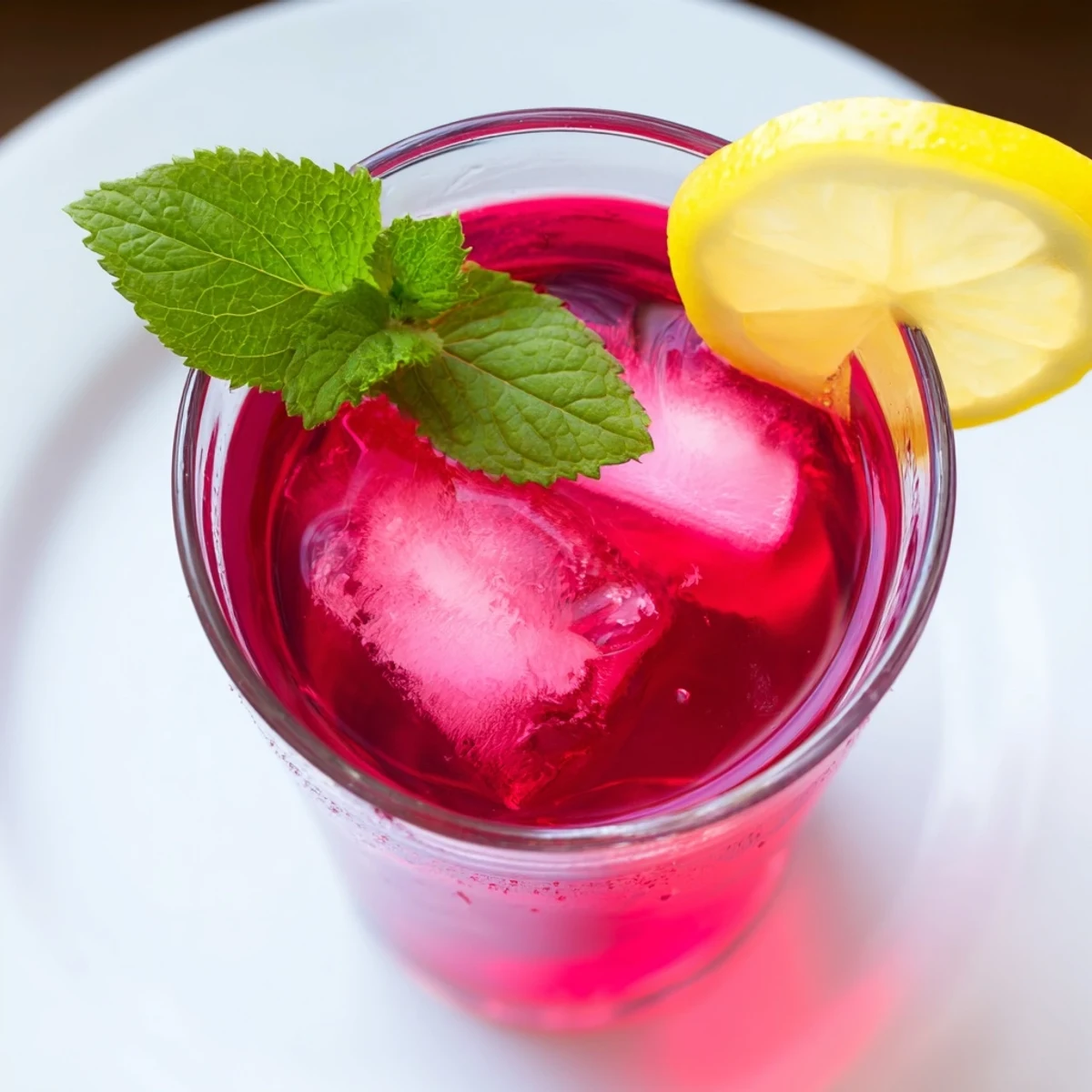 Bright and refreshing, this vegan Pink Hibiscus Iced Tea is served over ice with a lemon wedge and mint leaves.