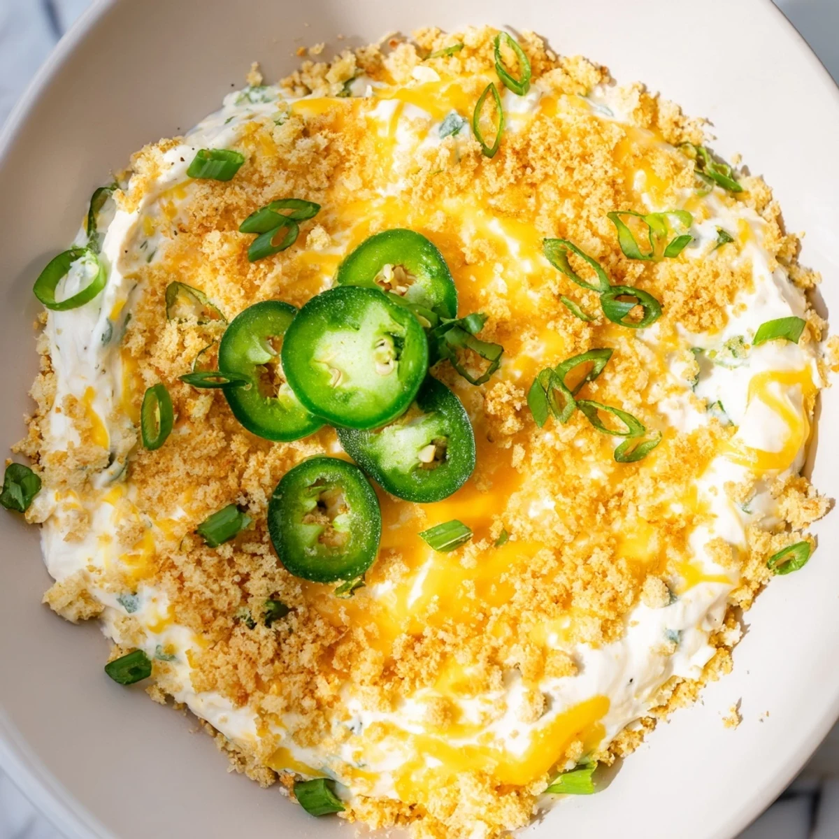 Golden-baked Super Bowl Jalapeno Popper Dip, bubbling in a dish, garnished with fresh jalapeño slices and green onions.