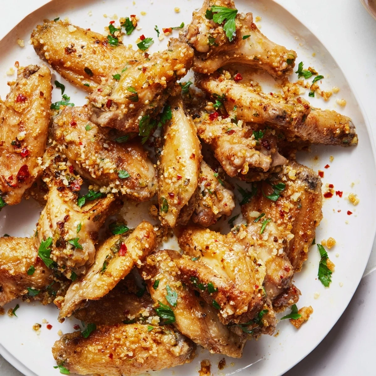 Golden-brown Crispy Baked Chicken Wings with Garlic Parmesan sit on a wire rack, ready to be tossed in buttery sauce.