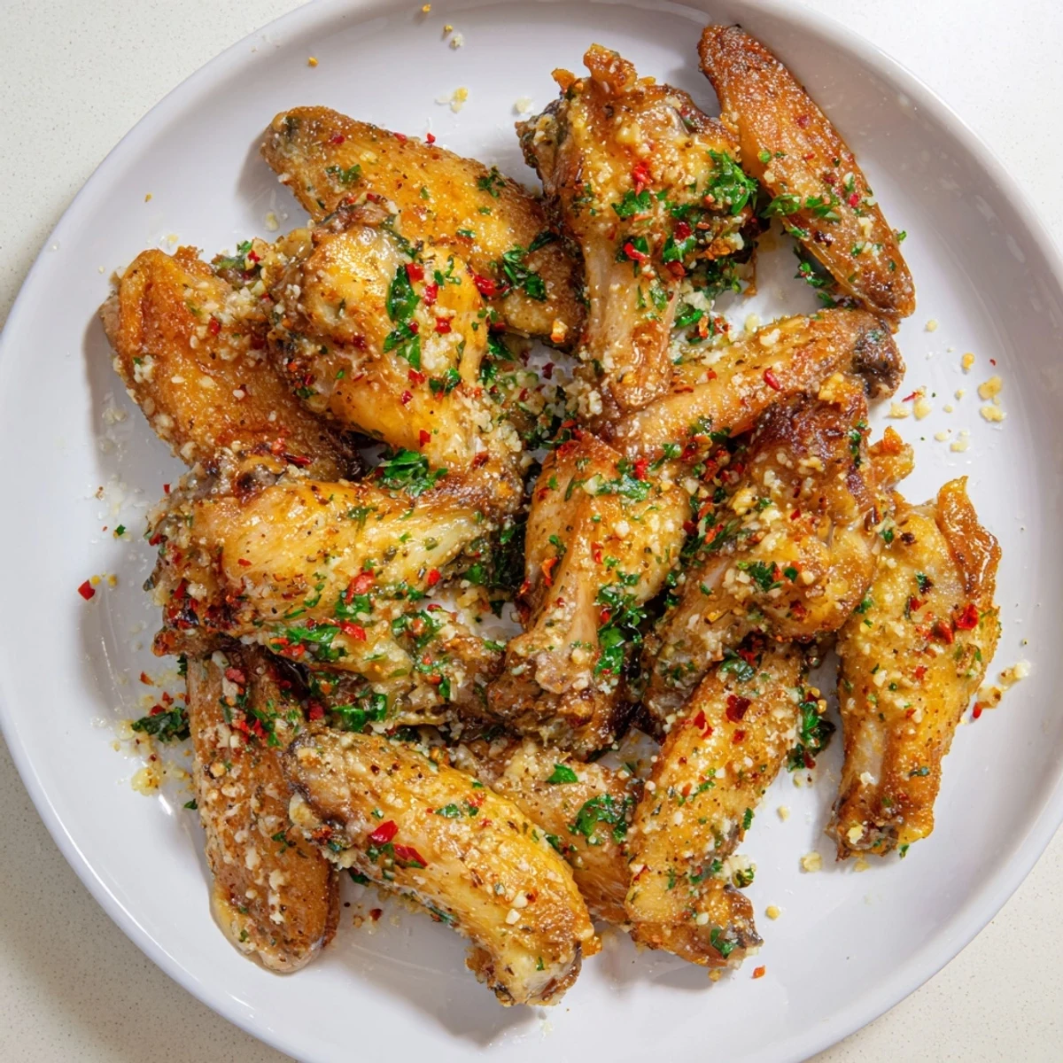 A close-up of Crispy Baked Chicken Wings with Garlic Parmesan reveals golden, crunchy skin coated in melted cheese and herbs.