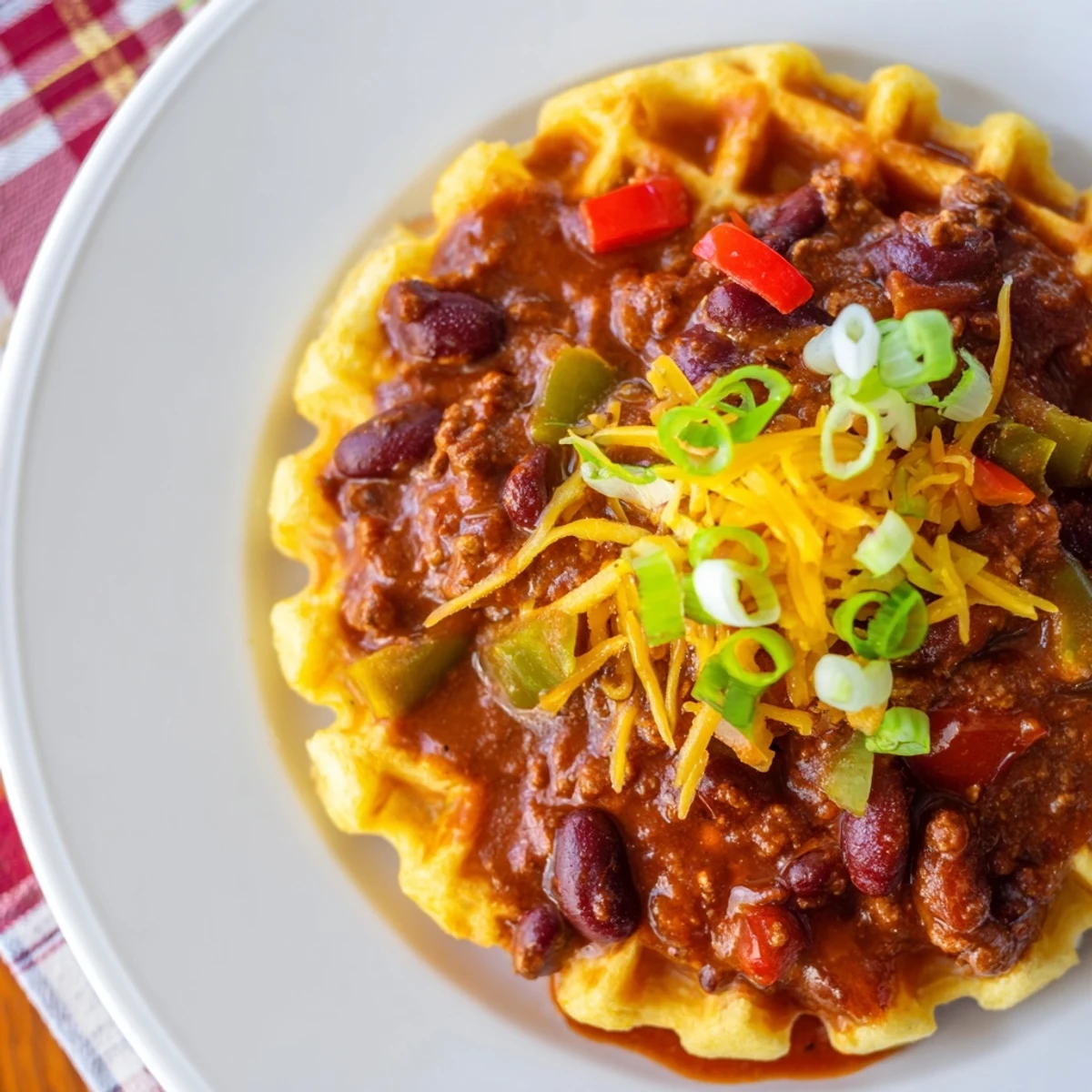 Steamy bowl of Beef Chili with Cornbread Waffles topped with melted cheddar and fresh cilantro.