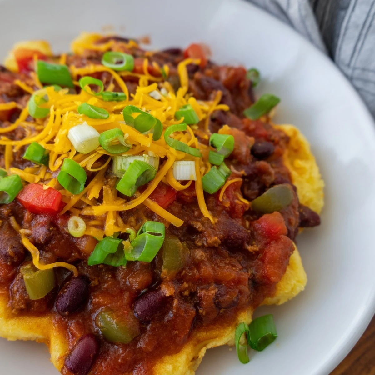 Golden crisp cornbread waffles topped with hearty beef chili, green onions, and a dollop of sour cream.