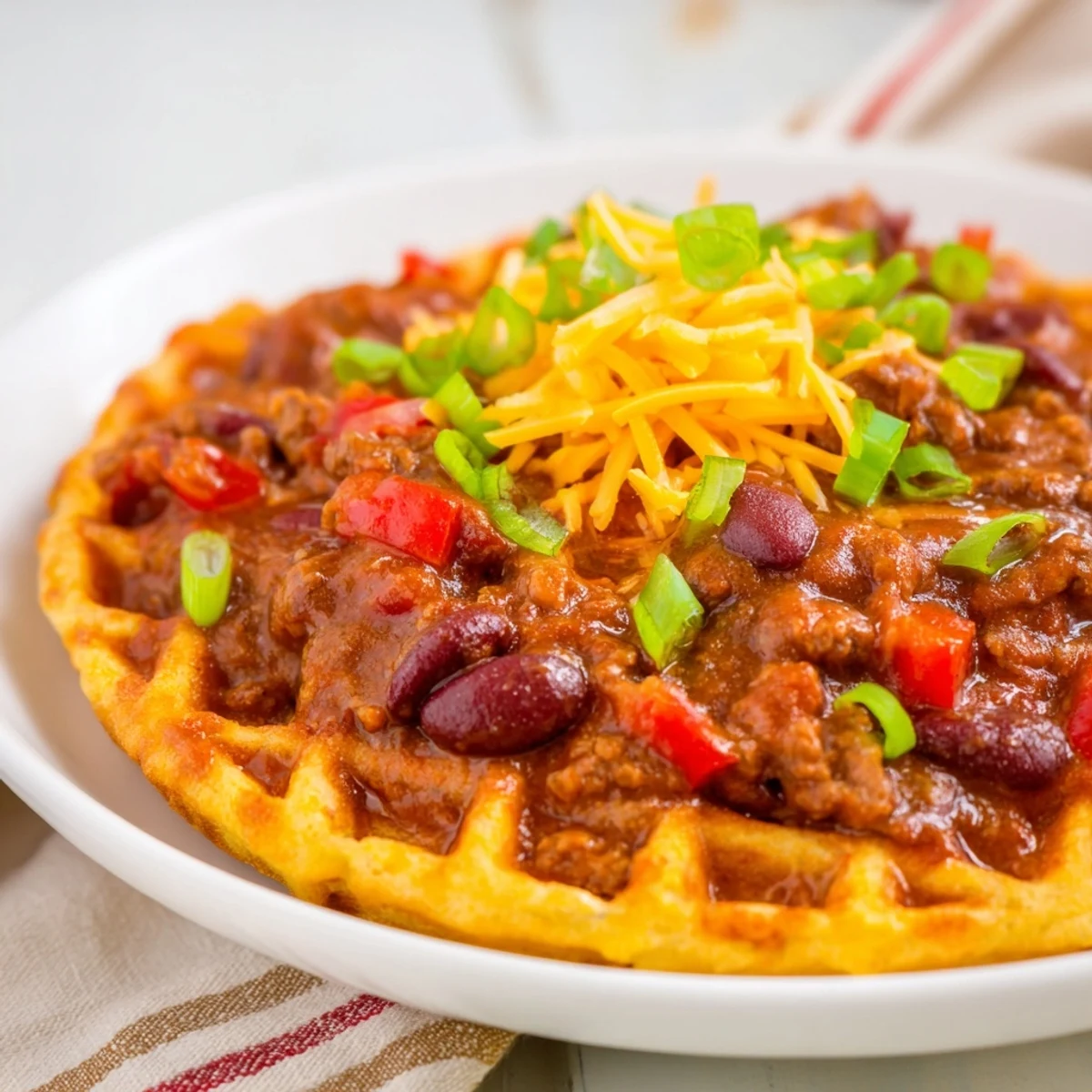 Sizzling Beef Chili with Cornbread Waffles served with a cold lager and avocado slices on the side.