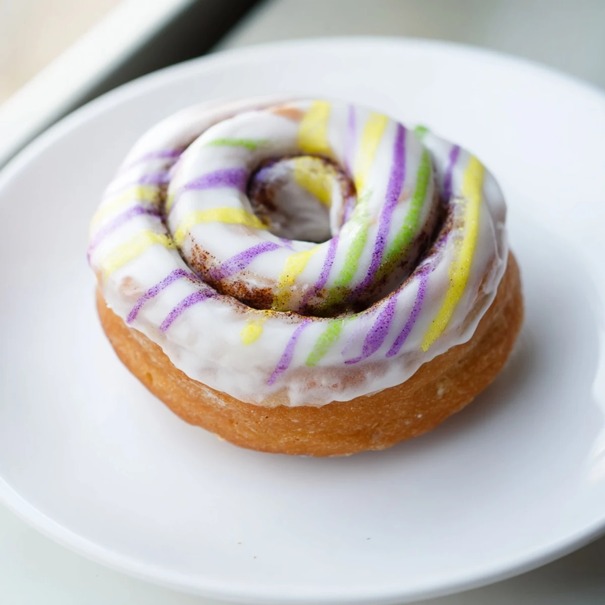 Freshly baked Mardi Gras King Cake Donuts with purple, green, and gold sanding sugars on a wire cooling rack.