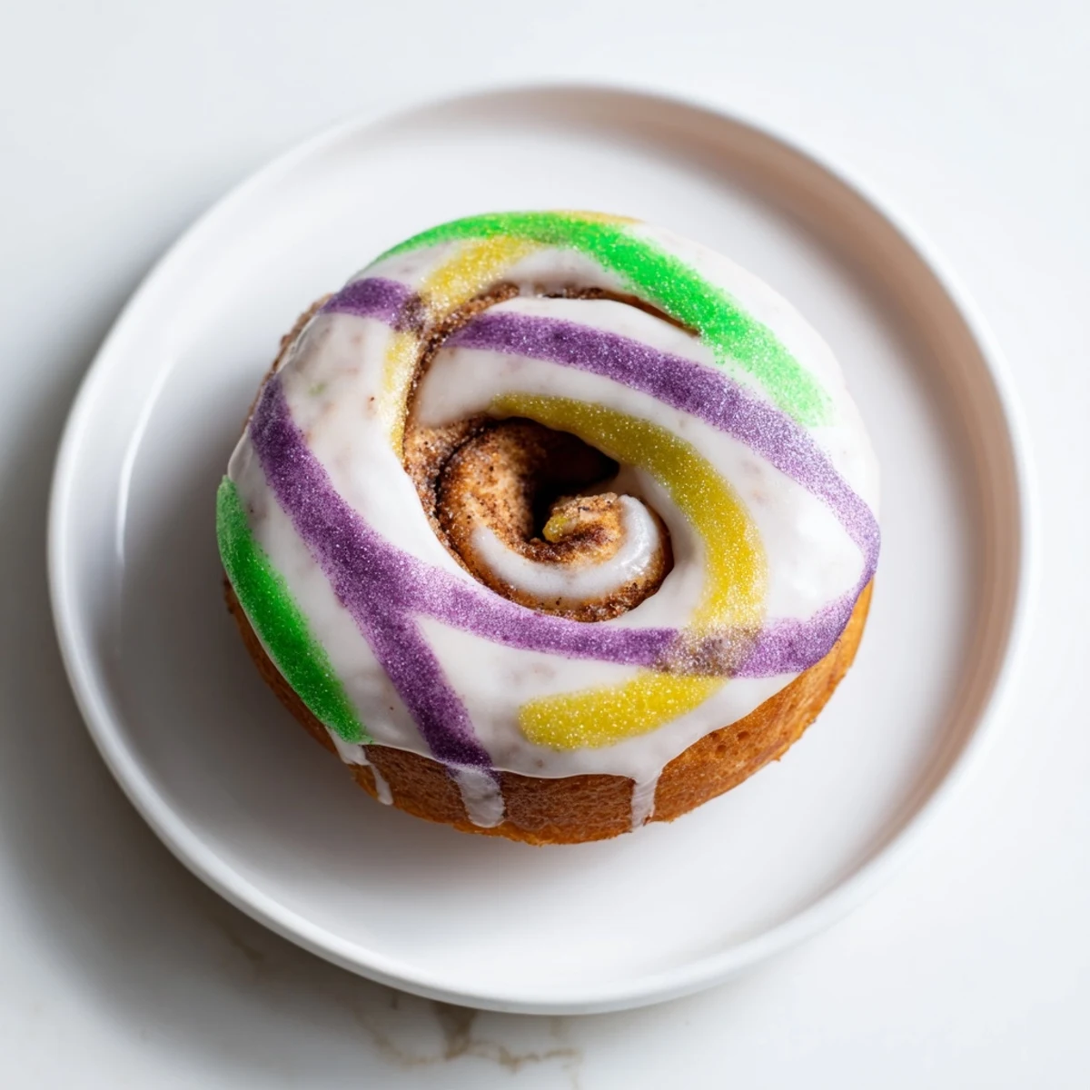 Glazed Mardi Gras King Cake Donuts stacked high, showcasing colorful sprinkles and tender baked texture for Carnival celebrations.