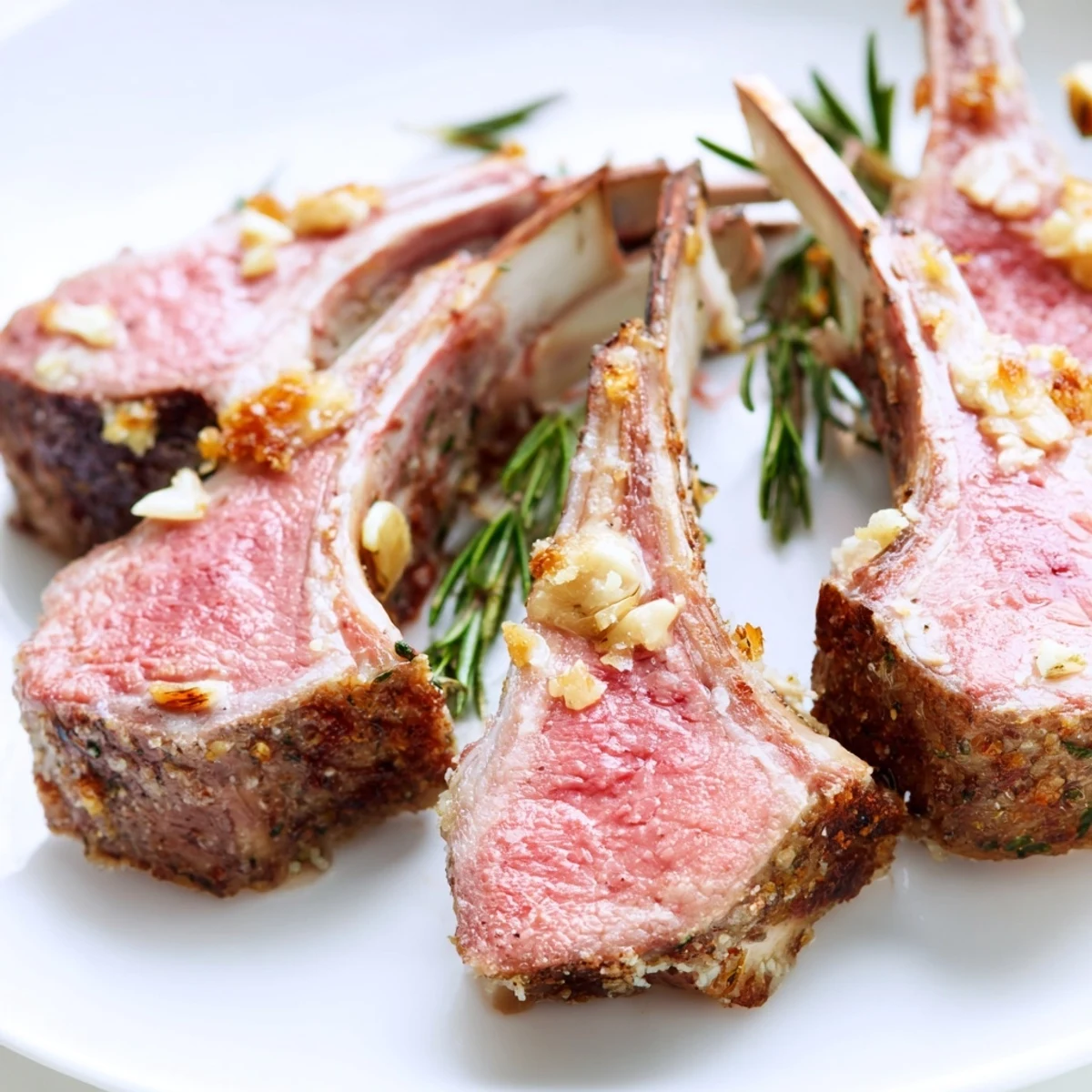 Golden-brown Garlic Herb Roasted Rack of Lamb resting on a platter, garnished with fresh rosemary sprigs and flaky sea salt.