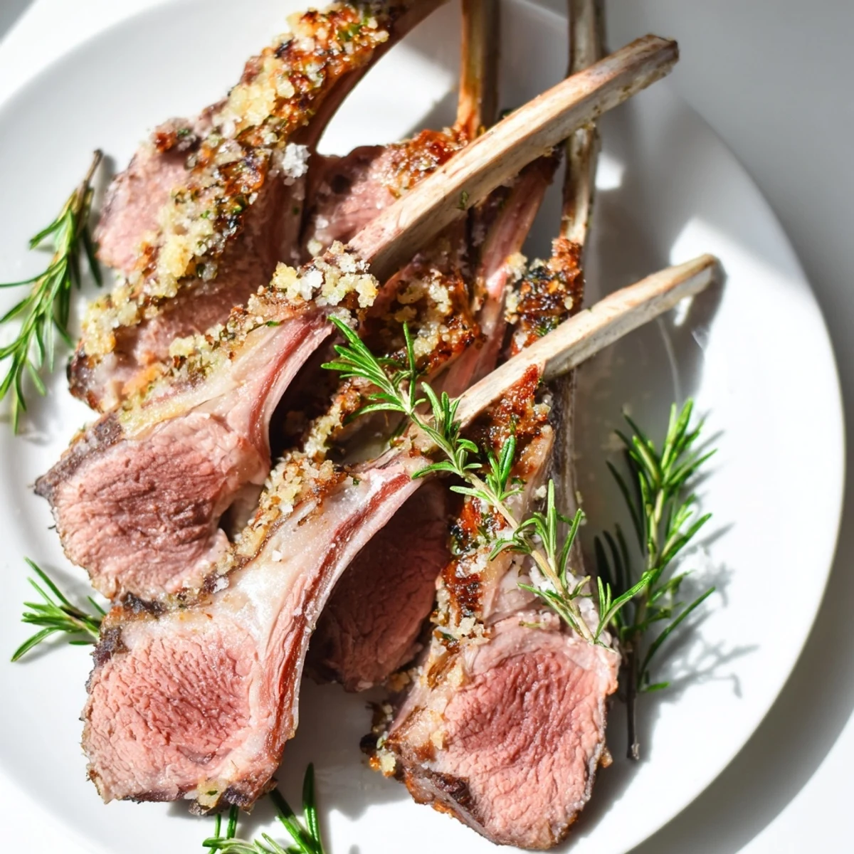 Sliced Garlic Herb Roasted Rack of Lamb revealing a juicy medium-rare interior, perfect for an elegant dinner party.