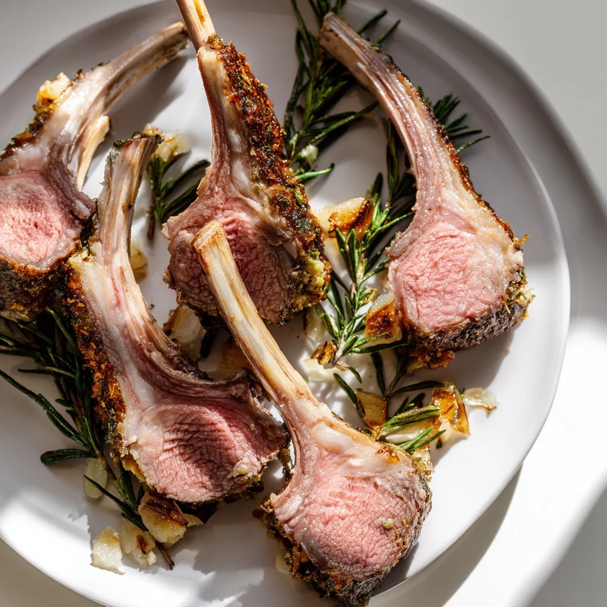 A chef's knife beside a beautifully crusted Garlic Herb Roasted Rack of Lamb, surrounded by roasted garlic cloves and herbs.