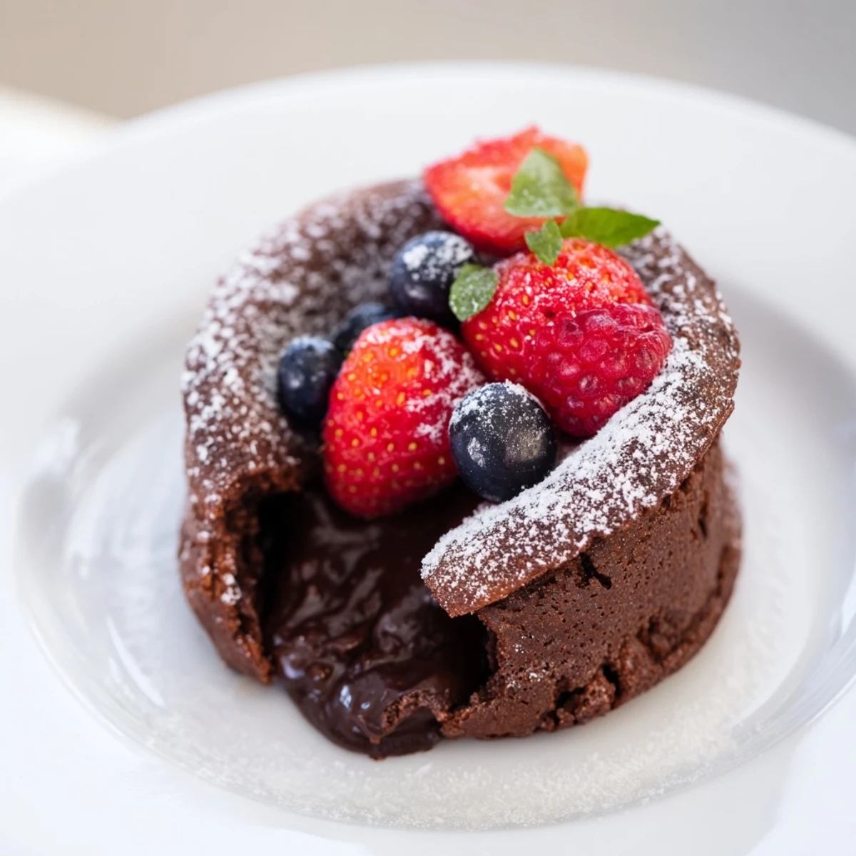 Individually baked Valentine Chocolate Lava Cake with a cracked top, paired with mixed berries and whipped cream on a rustic table.