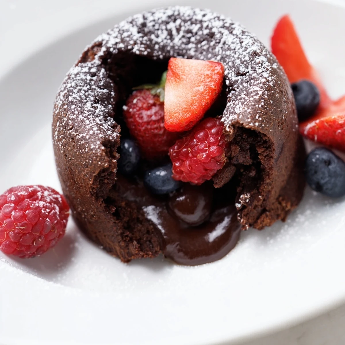Valentine Chocolate Lava Cake split open to reveal molten chocolate, topped with raspberries and strawberries for a romantic dessert.
