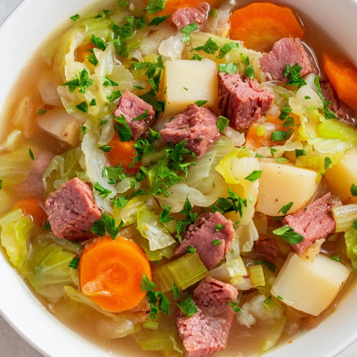Steaming bowl of Corned Beef and Cabbage Soup with Potatoes, featuring tender meat chunks and vibrant green cabbage in rich broth.