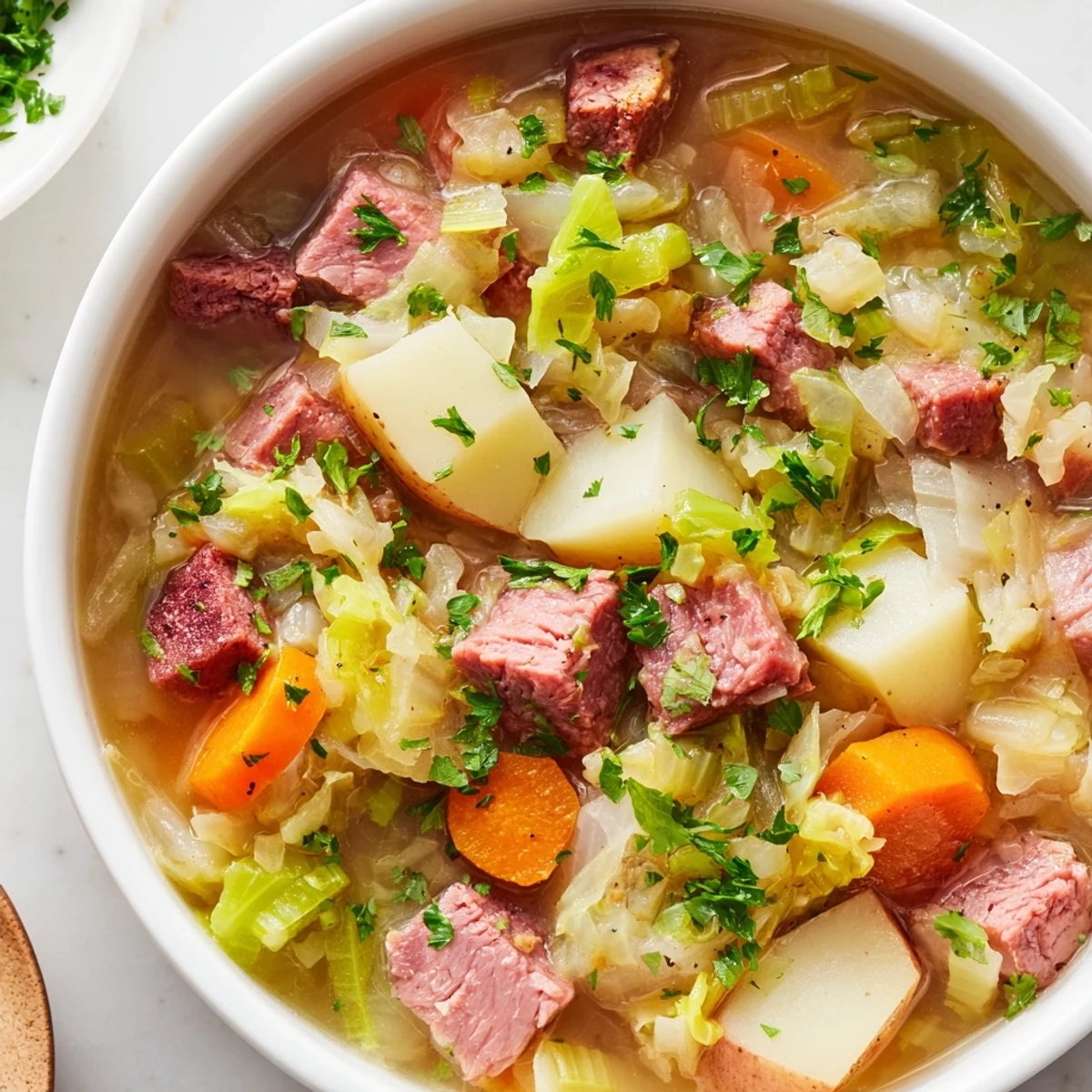 Classic Irish-American Corned Beef and Cabbage Soup with Potatoes, garnished with fresh parsley and served next to crusty artisan bread.