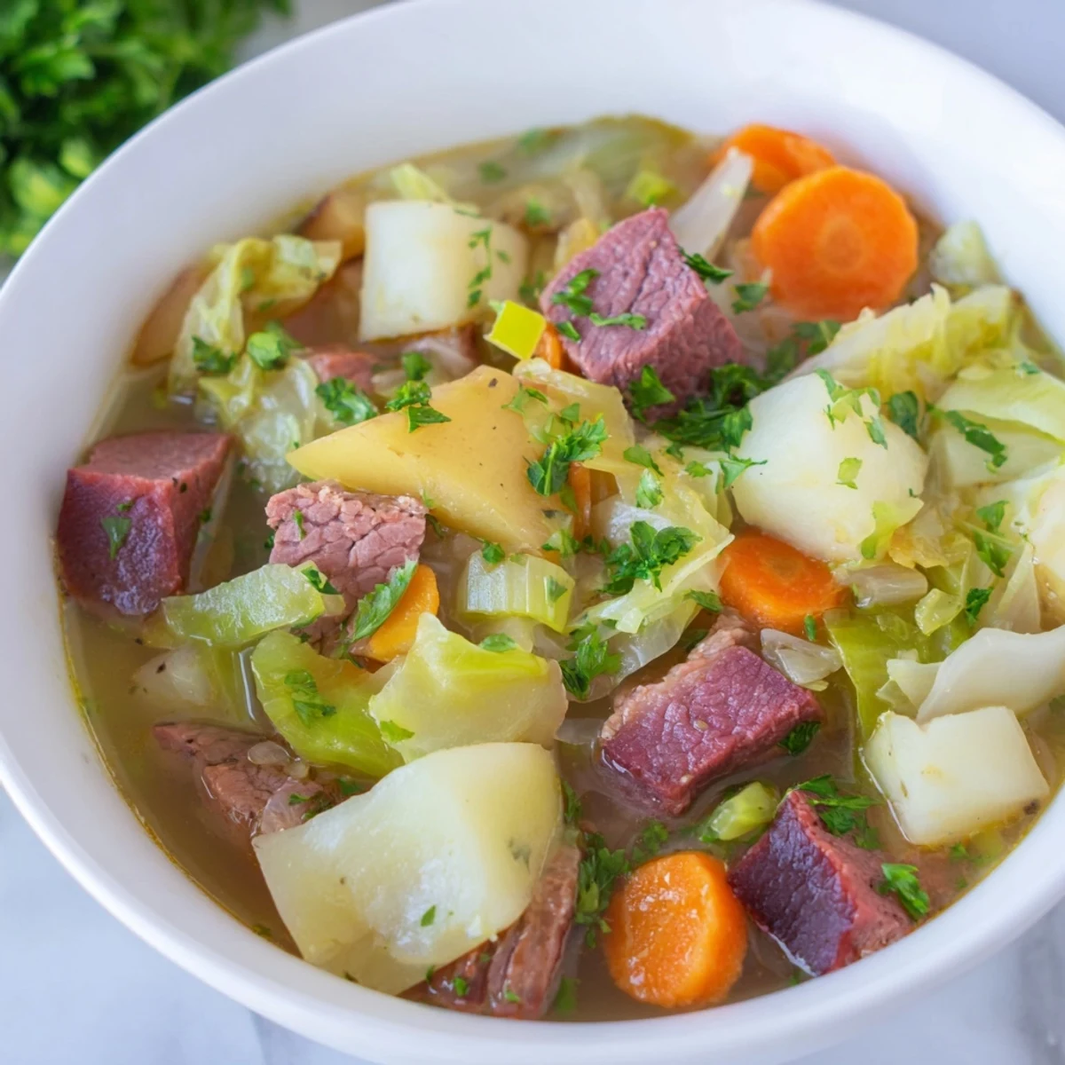 Comforting Corned Beef and Cabbage Soup with Potatoes, rich with carrots and celery, bubbling hot in a rustic Dutch oven.