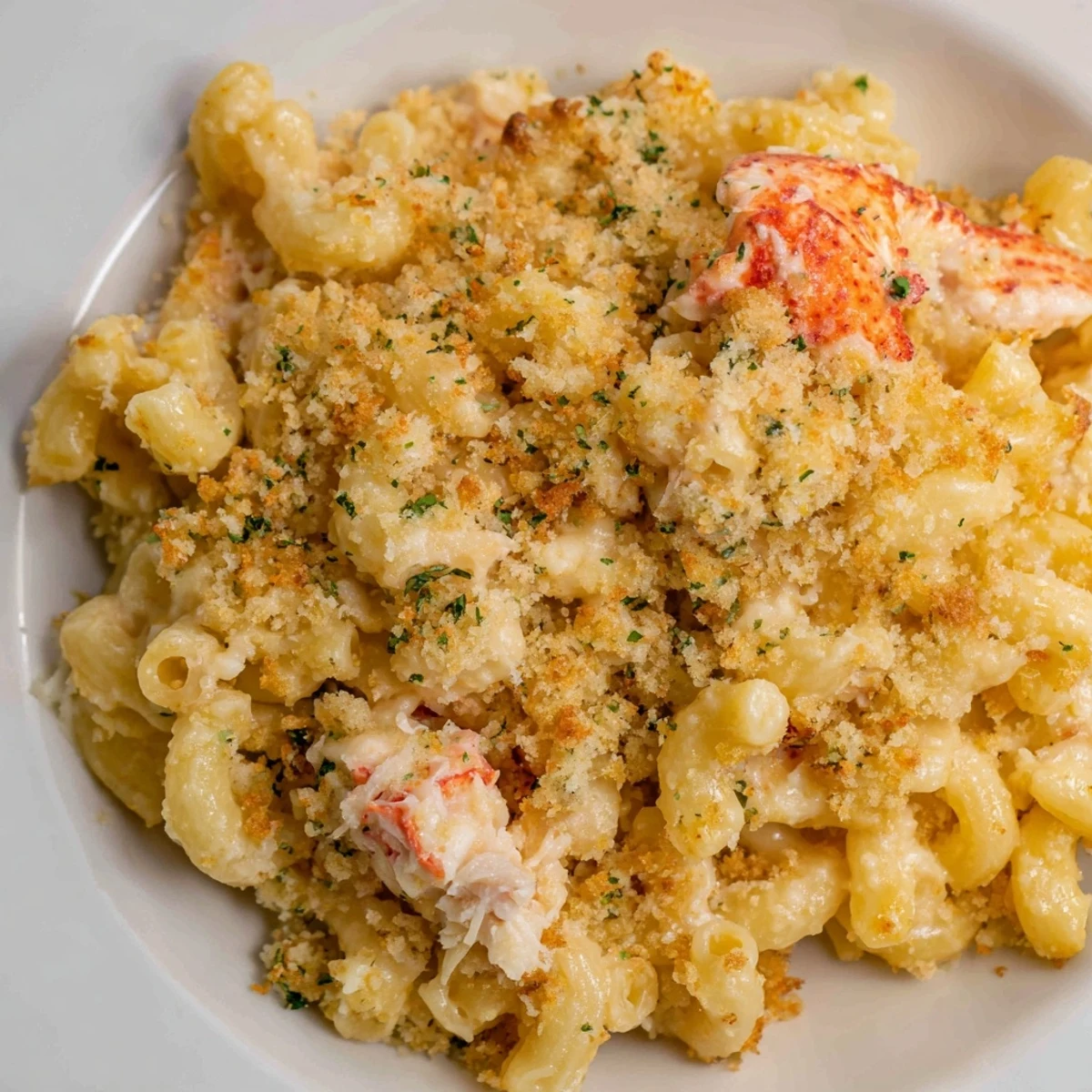 Golden-brown baked Lobster Macaroni and Cheese with a crunchy breadcrumb topping served in a dish.