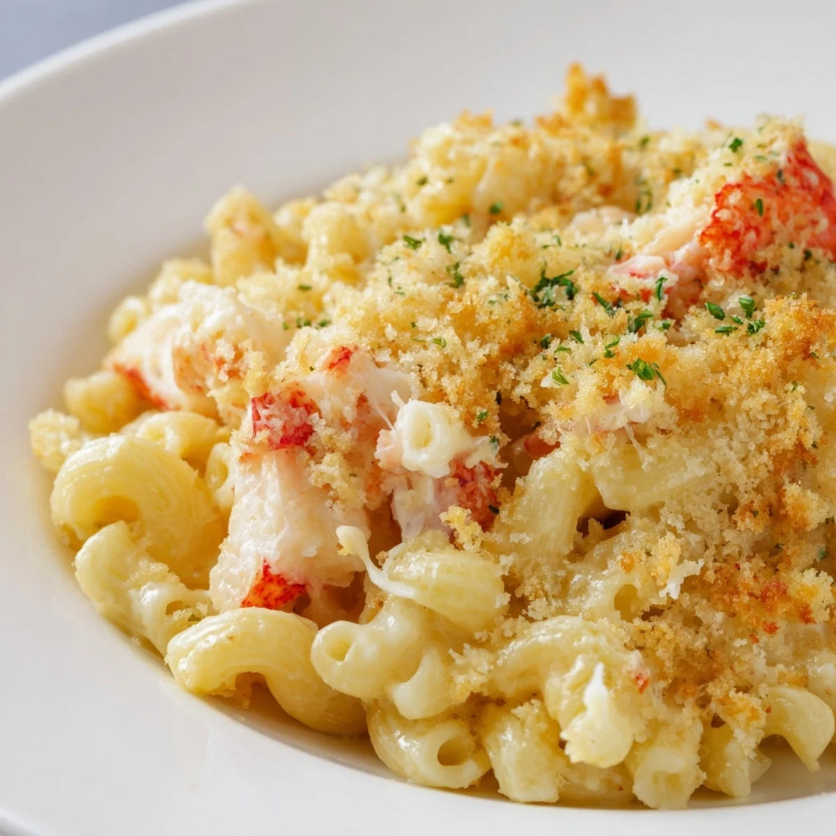 Creamy Lobster Macaroni and Cheese topped with fresh parsley and buttery breadcrumbs, fresh from the oven.