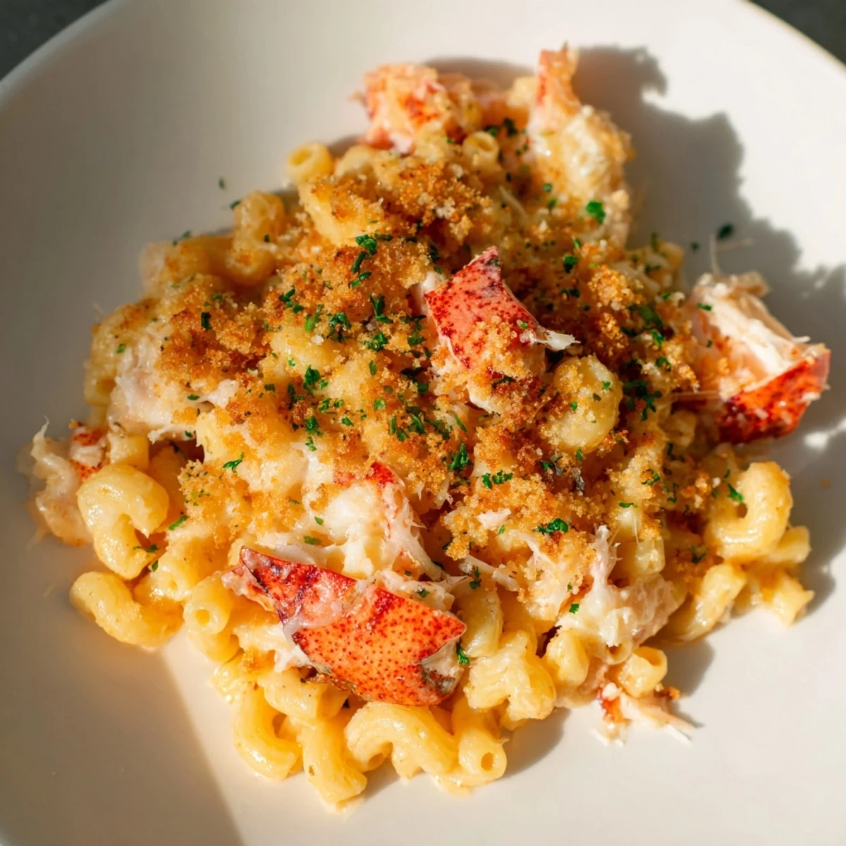 Rich Lobster Macaroni and Cheese with tender lobster chunks and melted cheddar in a baking dish.