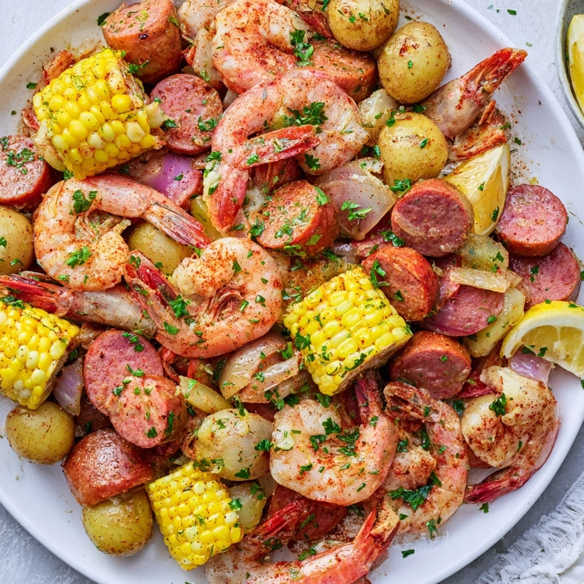 Sheet Pan Shrimp Boil with Corn and Potatoes roasted with Old Bay spices and smoky sausage on a rimmed pan.