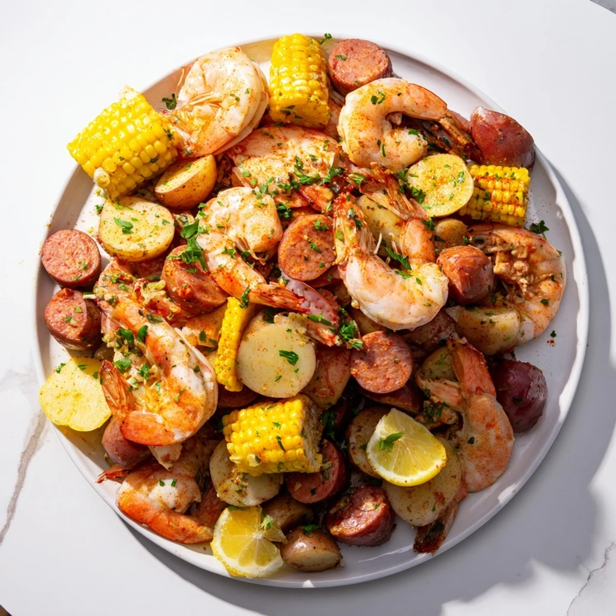Golden potatoes, sweet corn, and juicy shrimp from the oven garnished with parsley and fresh lemon wedges.