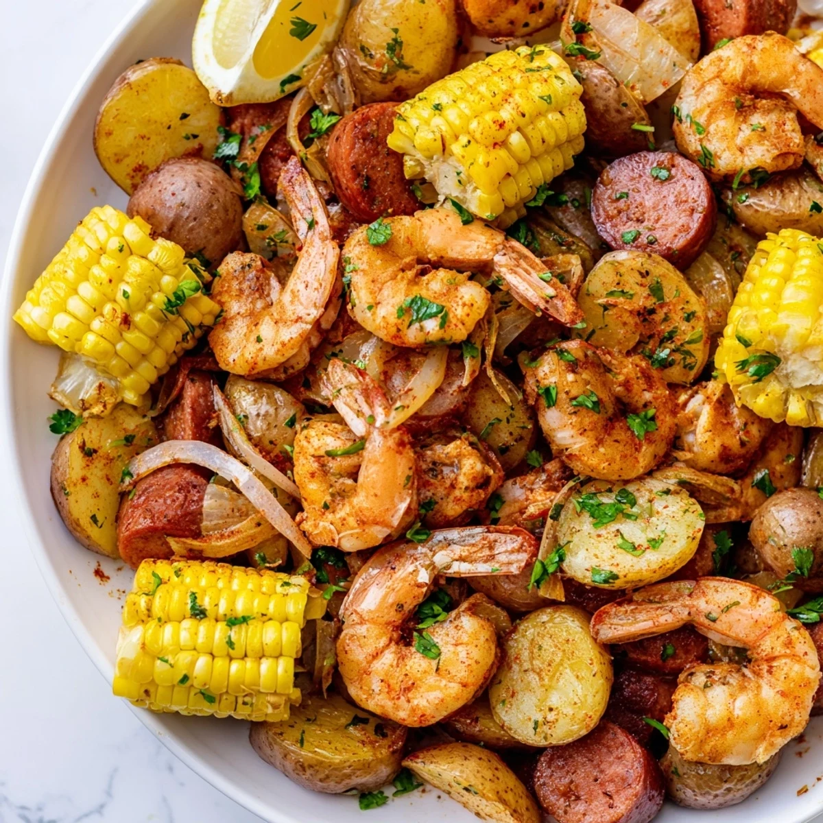 Easy Sheet Pan Shrimp Boil with Corn and Potatoes served family-style with crusty bread to soak up the juices.