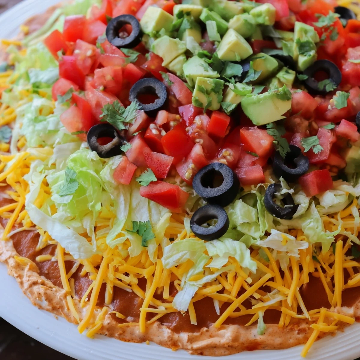 This vegetarian Ultimate Layered Taco Dip features colorful layers of beans, cream cheese, salsa, and shredded lettuce on a white serving platter.