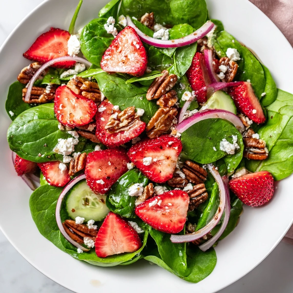 Fresh baby spinach and sliced strawberries tossed in balsamic vinaigrette, topped with feta and crunchy pecans.
