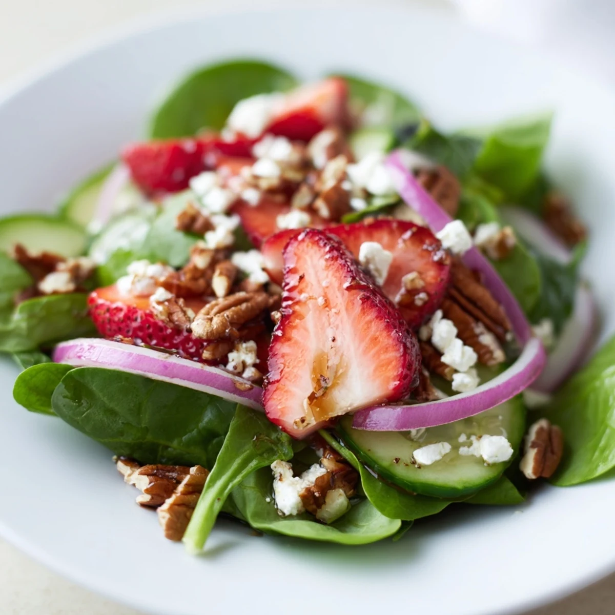 A vibrant Strawberry Spinach Salad with Balsamic Vinaigrette served in a white bowl, garnished with red onion.