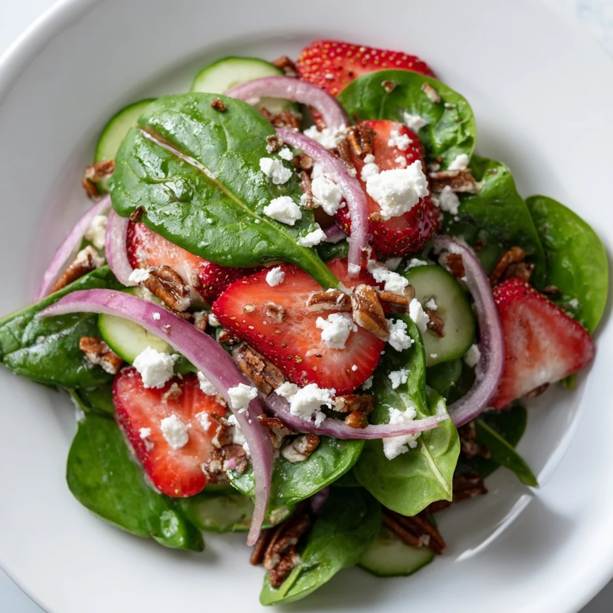 Close-up of a delicious Strawberry Spinach Salad with Balsamic Vinaigrette featuring juicy strawberries and crumbled feta.